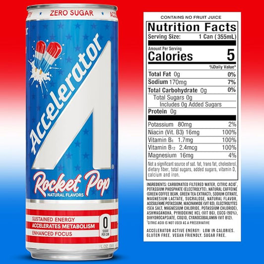 Accelerator Active Energy Drink Sugar Free Zero Carbs, Rocket Pop 12oz can(12 pack) Enhanced Focus & Sustained Energy from 100% Natural Caffeine (200mg), Ashwagandha, Coq10 & Green Tea Extract