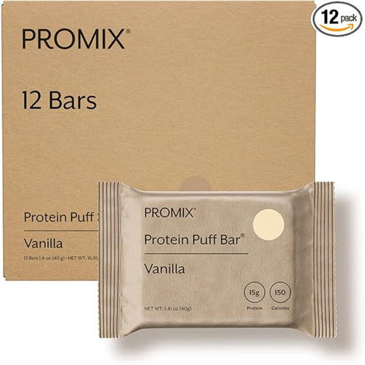ProMix Nutrition Protein Puff Bars, 12-Pack - Madagascar Vanilla - Marshmallow Crispy Treat - Great Tasting & Healthy On The Go Snack - High Protein & Low Calorie - Non-GMO & Free From Gluten, Soy, & Corn.