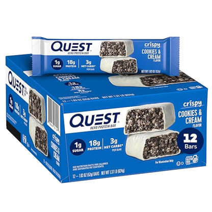 Quest Nutrition Crispy Cookies & Cream Hero Protein Bar, 18g Protein, 1g Sugar, 3g Net Carb, Gluten Free Protein Snack, Keto Friendly, 12 Count