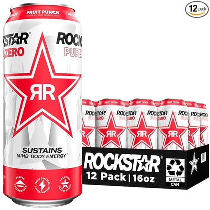 Rockstar Pure Zero Energy Drink, Fruit Punch, 0 Sugar, with Caffeine and Taurine, 16oz Cans (12 Pack) (Packaging May Vary)
