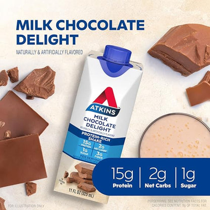 Atkins Milk Chocolate Delight High Protein Shake, 15g Protein, Low Glycemic , 2g Net Carb, 1g Sugar, Keto Friendly , Chocolate Flavored Protein Shakes, 12 Count