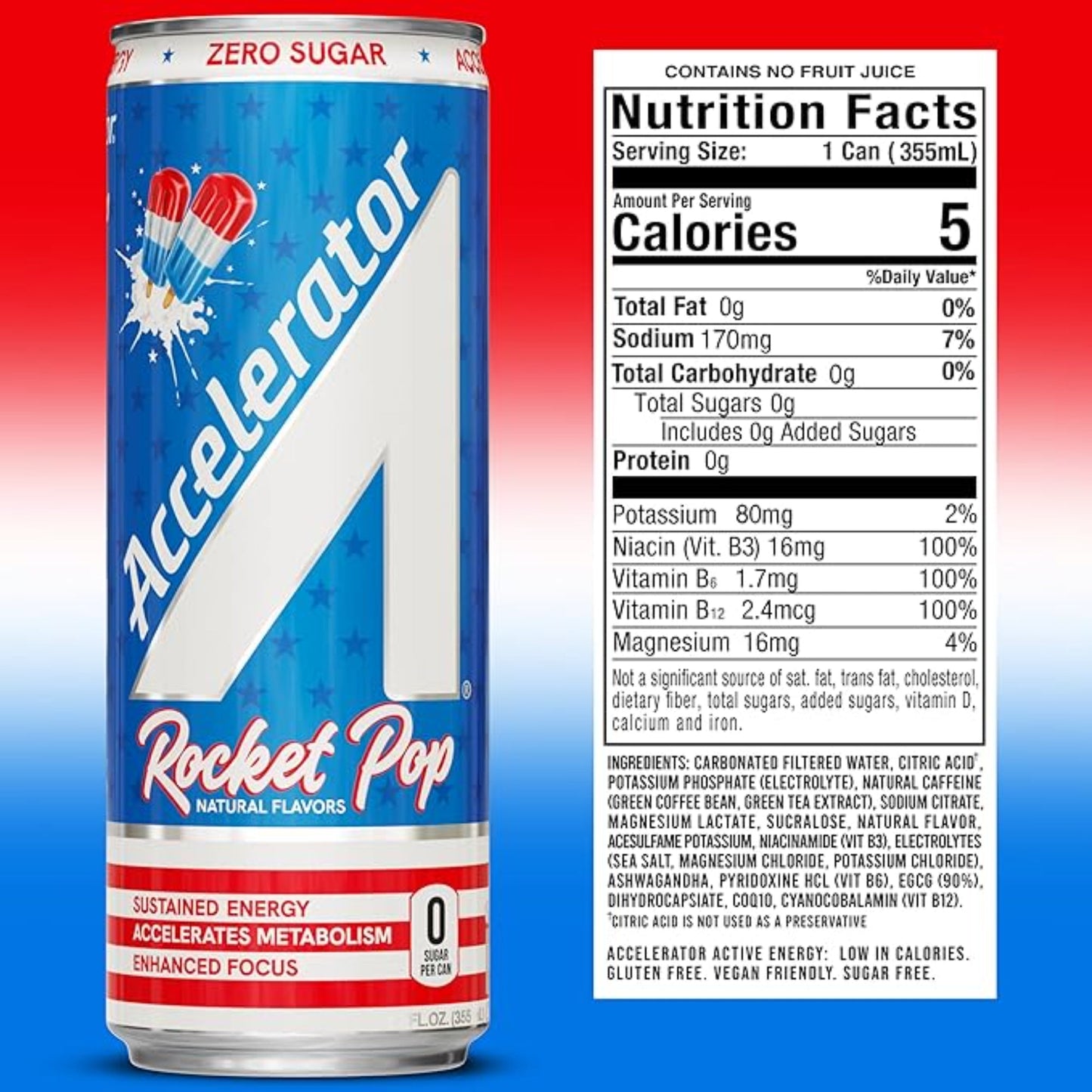 Accelerator Active Energy Drink Sugar Free Zero Carbs, Rocket Pop 12oz can(12 pack) Enhanced Focus & Sustained Energy from 100% Natural Caffeine (200mg), Ashwagandha, Coq10 & Green Tea Extract