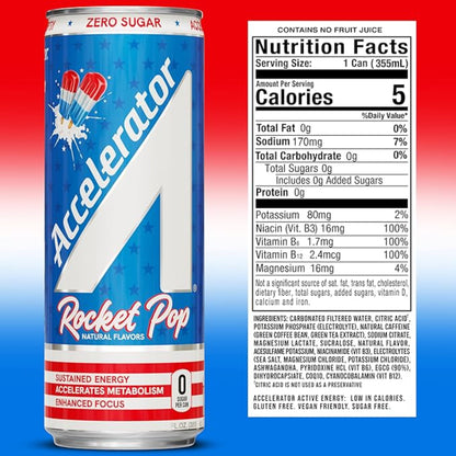Accelerator Active Energy Drink Sugar Free Zero Carbs, Rocket Pop 12oz can(12 pack) Enhanced Focus & Sustained Energy from 100% Natural Caffeine (200mg), Ashwagandha, Coq10 & Green Tea Extract