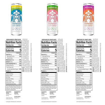 Starbucks Iced Energy Drink, 3 Flavor Variety Pack (Tropical Peach, Watermelon Splash, Blueberry Lemonade), Zero Sugar Energy Drink, Plant Based Caffeine, Hydration, Mental Clarity, 12 Fl Oz Cans (Pack of 12)