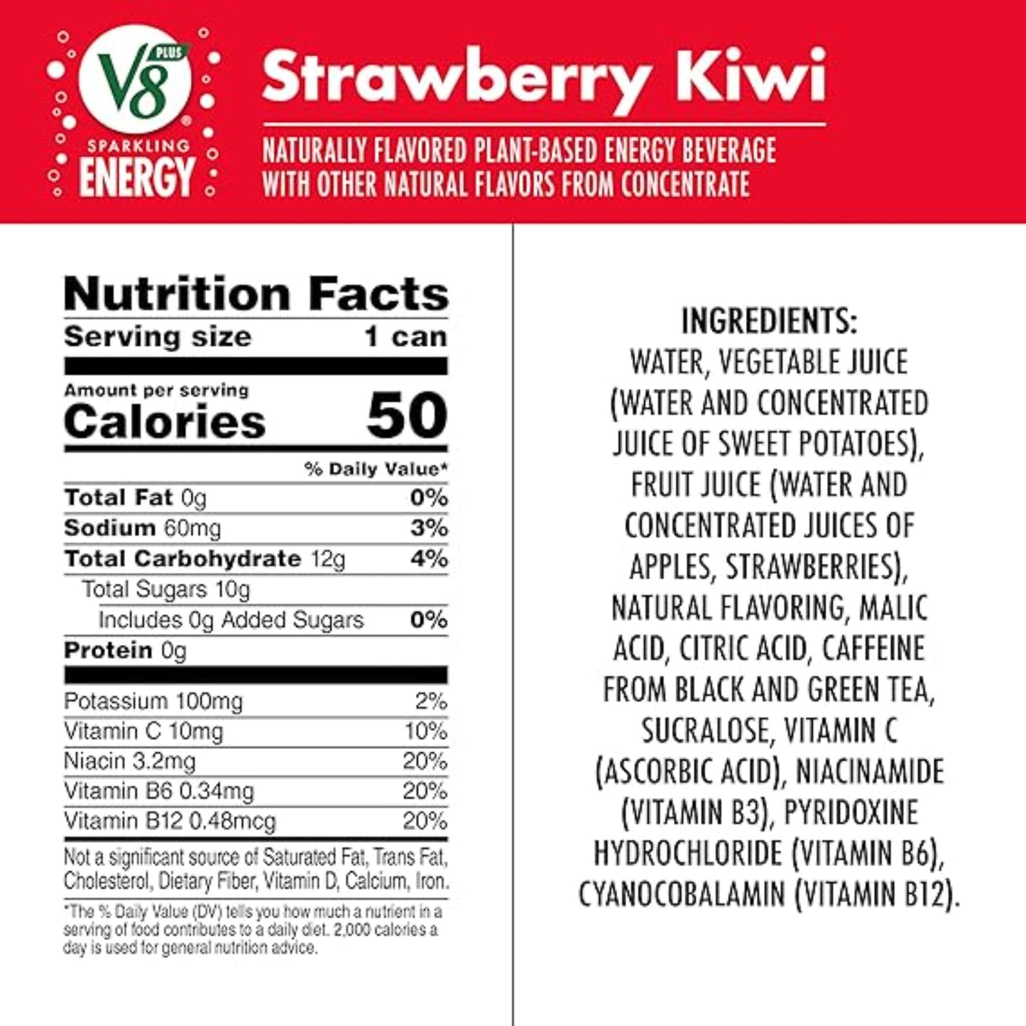 V8 +SPARKLING ENERGY Strawberry Kiwi Energy Drink, Made With Real Vegetable And Fruit Juices, 11.5 FL OZ Can (Pack Of 12)