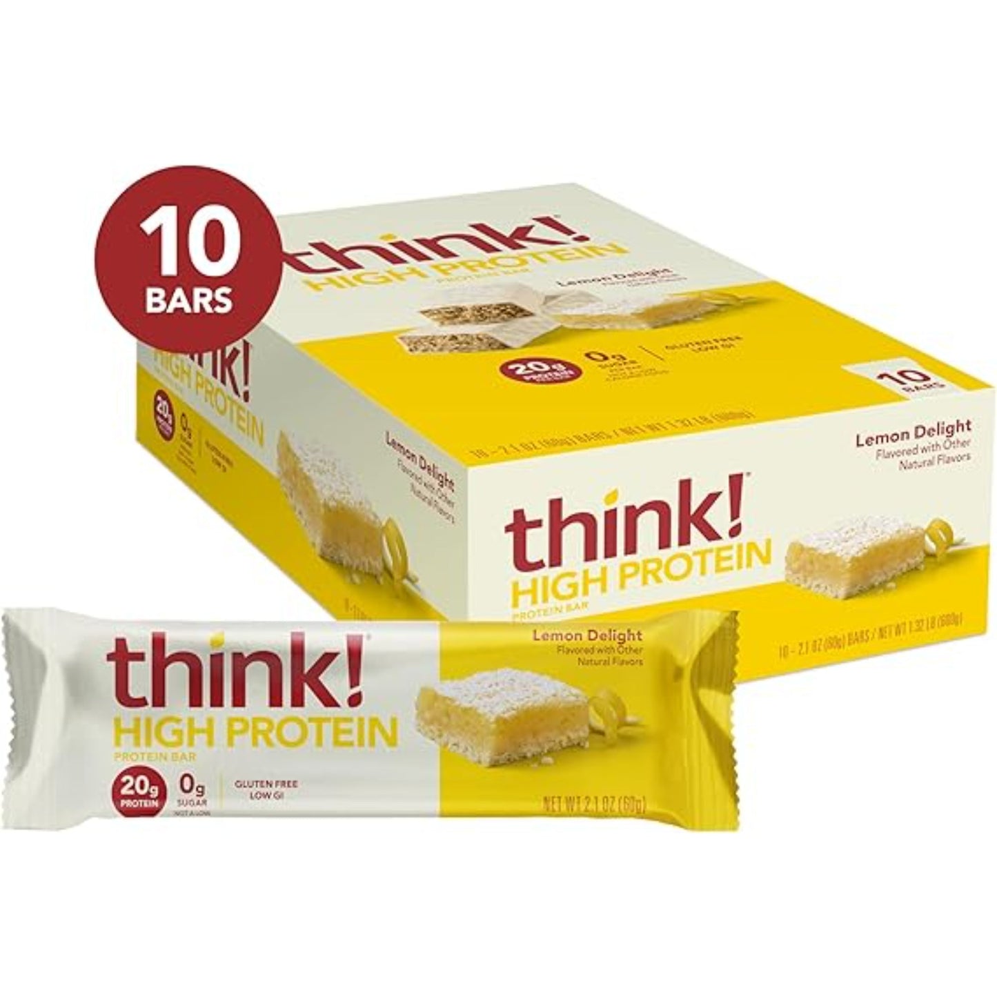 think! Protein Bars, High Protein Snacks, Gluten Free, Kosher Friendly, Lemon Delight, Nutrition Bars, 2.1 Oz per Bar, 10 Count (Packaging May Vary)