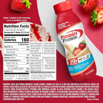 Premier Protein Shake, Strawberries & Cream, 30g Protein 1g Sugar 24 Vitamins Minerals Nutrients to Support Immune Health, 11.5 fl oz (Pack of 12)