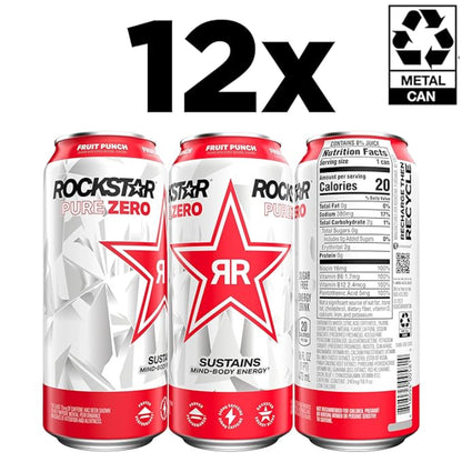 Rockstar Pure Zero Energy Drink, Fruit Punch, 0 Sugar, with Caffeine and Taurine, 16oz Cans (12 Pack) (Packaging May Vary)