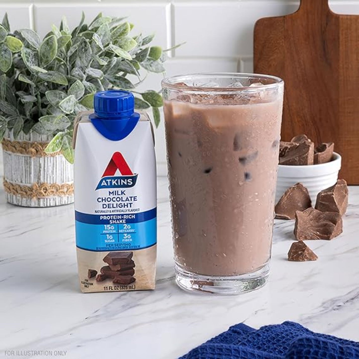 Atkins Milk Chocolate Delight High Protein Shake, 15g Protein, Low Glycemic , 2g Net Carb, 1g Sugar, Keto Friendly , Chocolate Flavored Protein Shakes, 12 Count