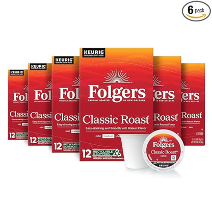 Folgers Classic Roast Medium Roast Coffee, 72 Keurig K-Cup Pods