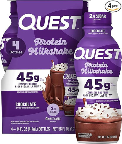 Quest Nutrition Chocolate Protein Shake, 45g Protein, 2g Sugar, 4g Net Carbs, Ready to Drink, Gluten Free, 4 Count